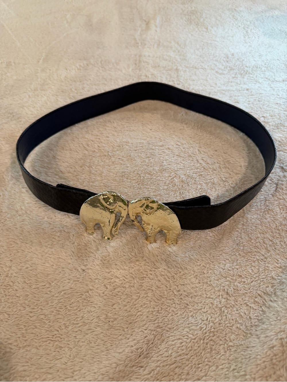 Black Women's Belt with Gold Elephant Buckle 30” long